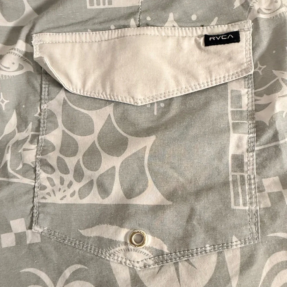 RVCA Mens Size 30 Board Shorts Grey White Nature Graphic Print M1033RVT